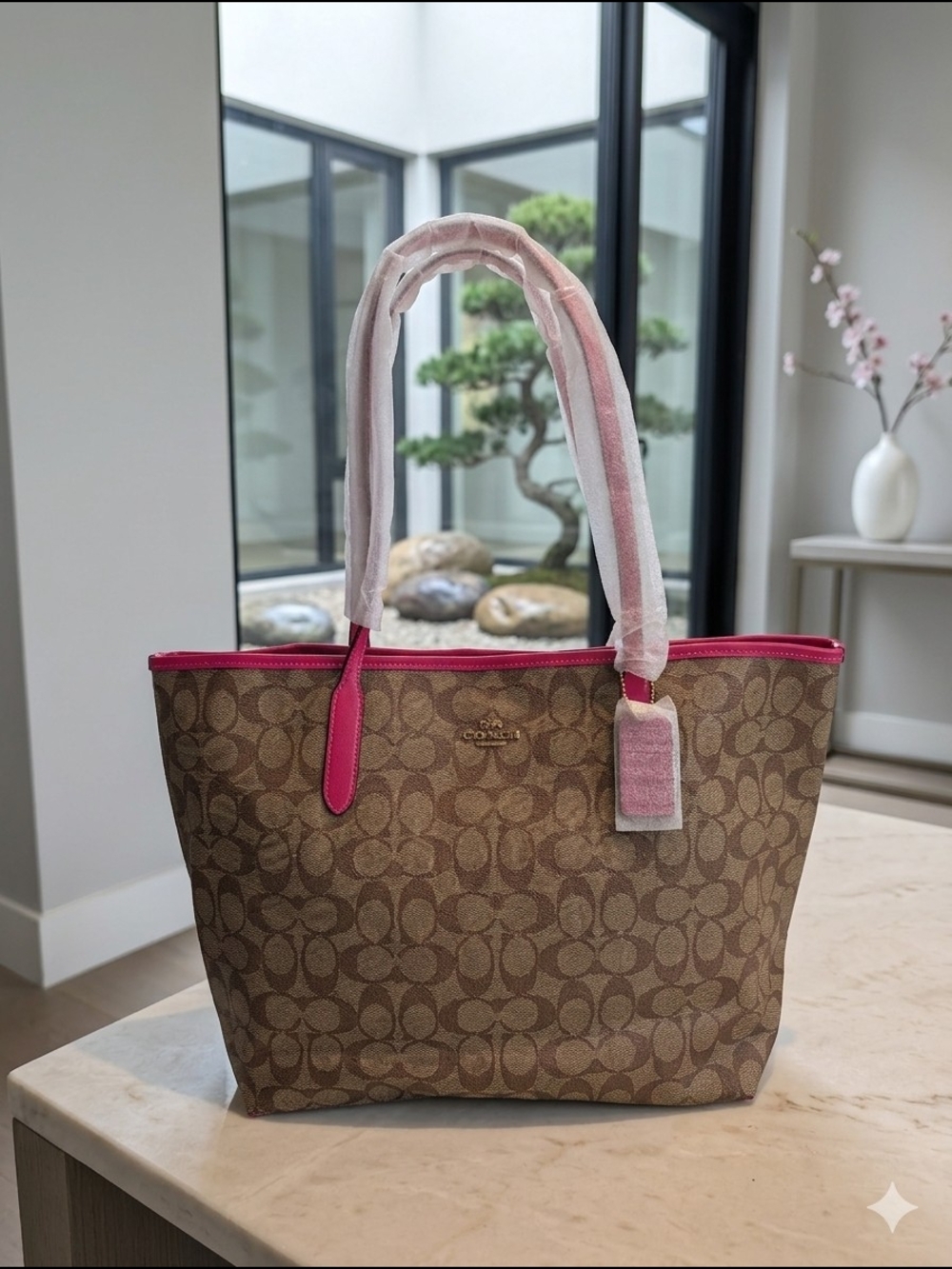 Coach Signature City Tote In Khaki Bold Pink 5696 (NWT)